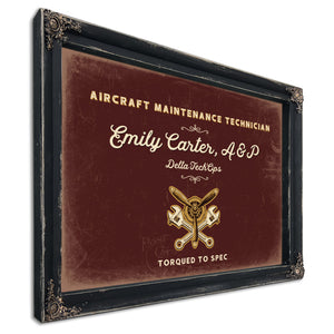 Personalized Aircraft Maintenance Technician Sign, Torqued to Spec, Oxblood & Gold, image 1