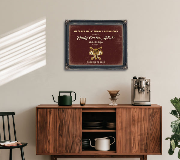 Personalized Aircraft Maintenance Technician Sign, Torqued to Spec, Oxblood & Gold, image 15