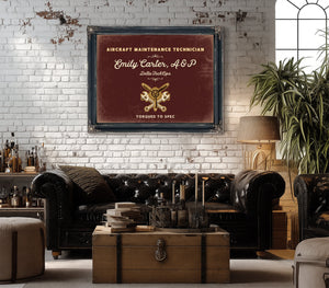Personalized Aircraft Maintenance Technician Sign, Torqued to Spec, Oxblood & Gold, image 18
