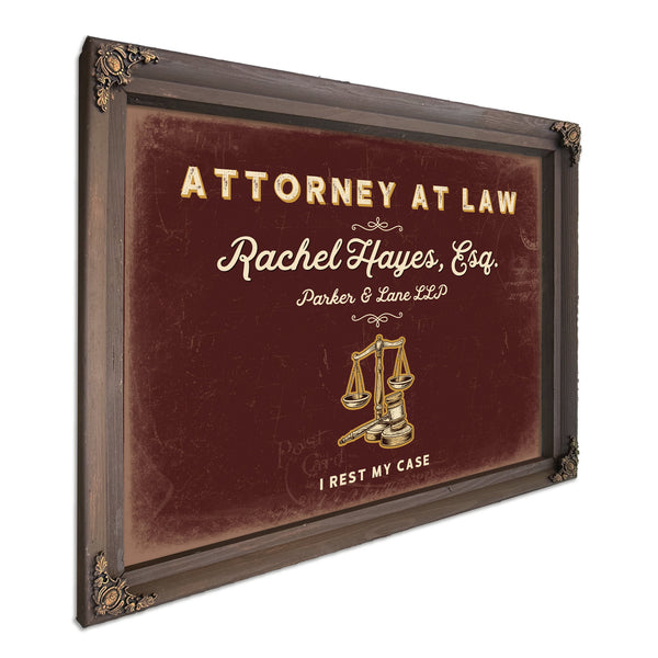 Personalized Attorney at Law Sign, I Rest My Case, Oxblood & Gold, image 7