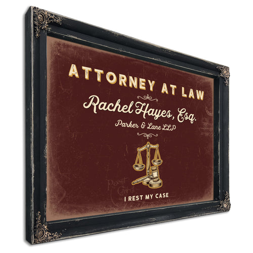 Personalized Attorney at Law Sign, I Rest My Case, Oxblood & Gold, image 1