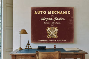 Personalized Auto Mechanic Sign, Powered by Coffee & Brake Fluid, Oxblood & Gold, image 2