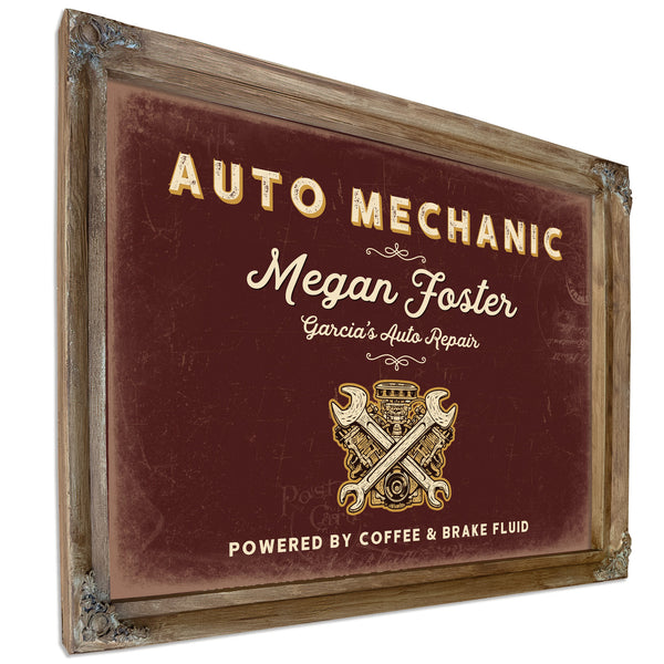 Personalized Auto Mechanic Sign, Powered by Coffee & Brake Fluid, Oxblood & Gold, image 6