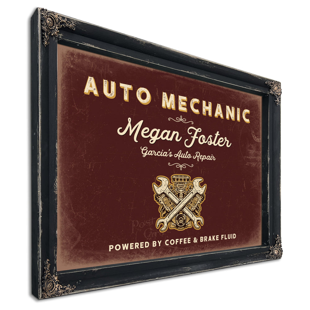 Personalized Auto Mechanic Sign, Powered by Coffee & Brake Fluid, Oxblood & Gold, image 1