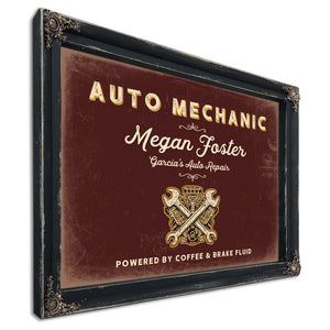 Personalized Auto Mechanic Sign, Powered by Coffee & Brake Fluid, Oxblood & Gold, image 1