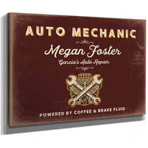 Personalized Auto Mechanic Sign, Powered by Coffee & Brake Fluid, Oxblood & Gold, image 8