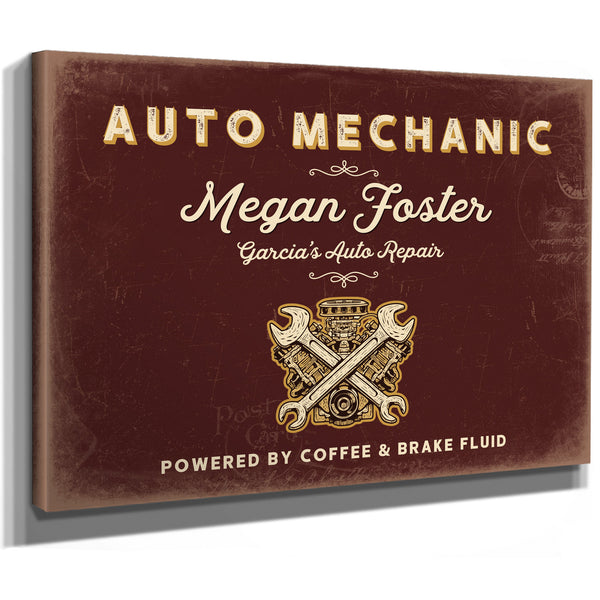 Personalized Auto Mechanic Sign, Powered by Coffee & Brake Fluid, Oxblood & Gold, image 8