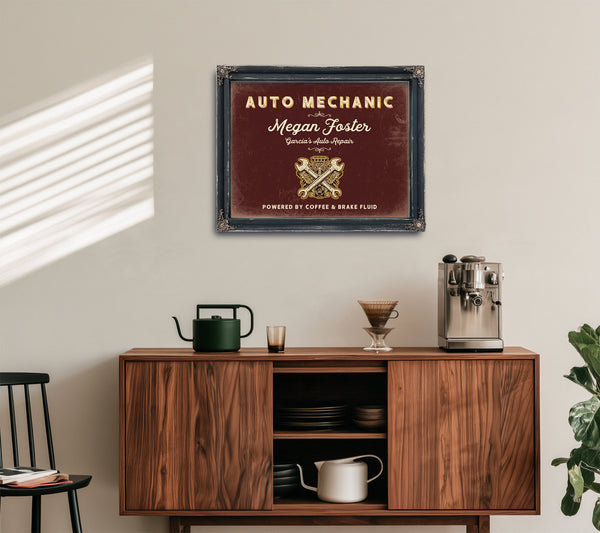 Personalized Auto Mechanic Sign, Powered by Coffee & Brake Fluid, Oxblood & Gold, image 15