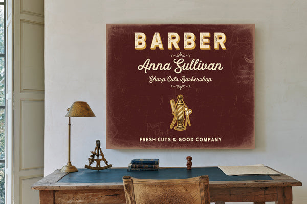 Personalized Barber Sign, Fresh Cuts & Good Company, Oxblood & Gold, image 2