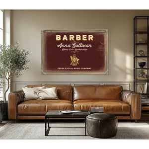 Personalized Barber Sign, Fresh Cuts & Good Company, Oxblood & Gold, image 3