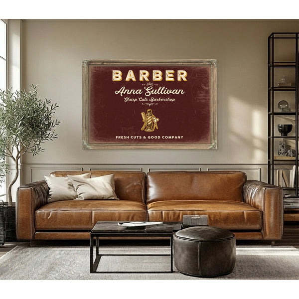 Personalized Barber Sign, Fresh Cuts & Good Company, Oxblood & Gold, image 3