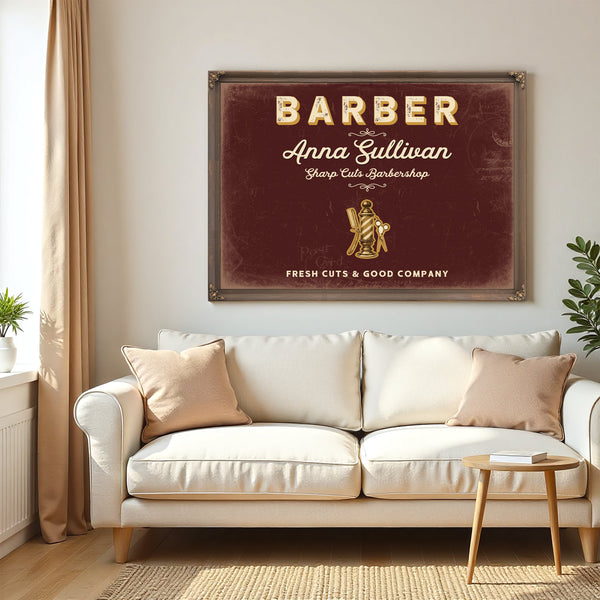 Personalized Barber Sign, Fresh Cuts & Good Company, Oxblood & Gold, image 5