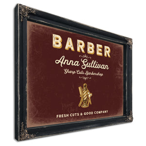 Personalized Barber Sign, Fresh Cuts & Good Company, Oxblood & Gold, image 1