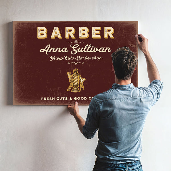 Personalized Barber Sign, Fresh Cuts & Good Company, Oxblood & Gold, image 9
