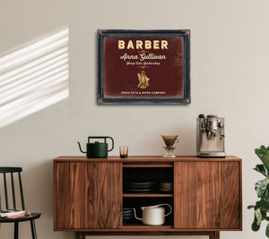 Personalized Barber Sign, Fresh Cuts & Good Company, Oxblood & Gold, image 15