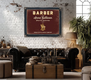Personalized Barber Sign, Fresh Cuts & Good Company, Oxblood & Gold, image 18