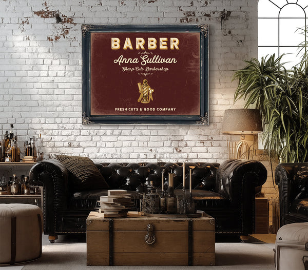 Personalized Barber Sign, Fresh Cuts & Good Company, Oxblood & Gold, image 18
