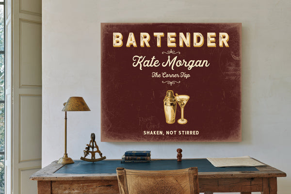 Personalized Bartender Sign, Shaken, Not Stirred, Oxblood & Gold, image 2