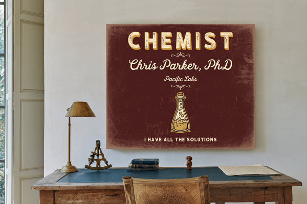 Personalized Chemist Sign, I Have All the Solutions, Oxblood & Gold, image 2