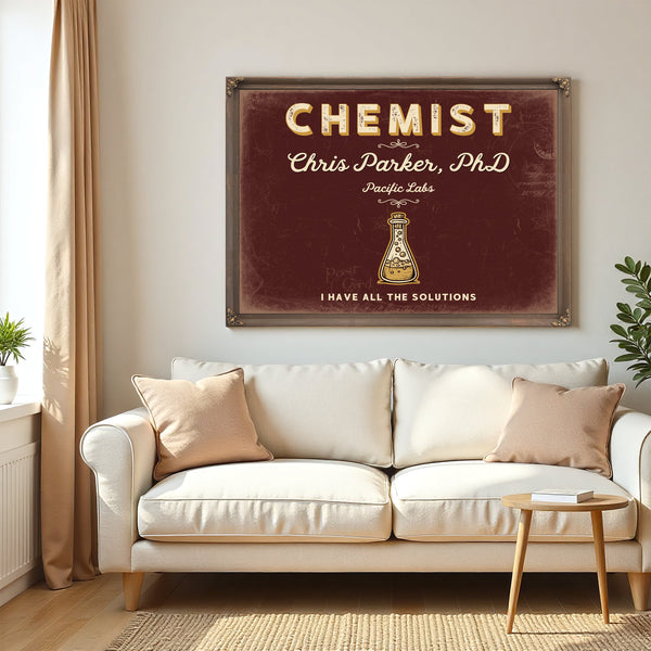 Personalized Chemist Sign, I Have All the Solutions, Oxblood & Gold, image 5