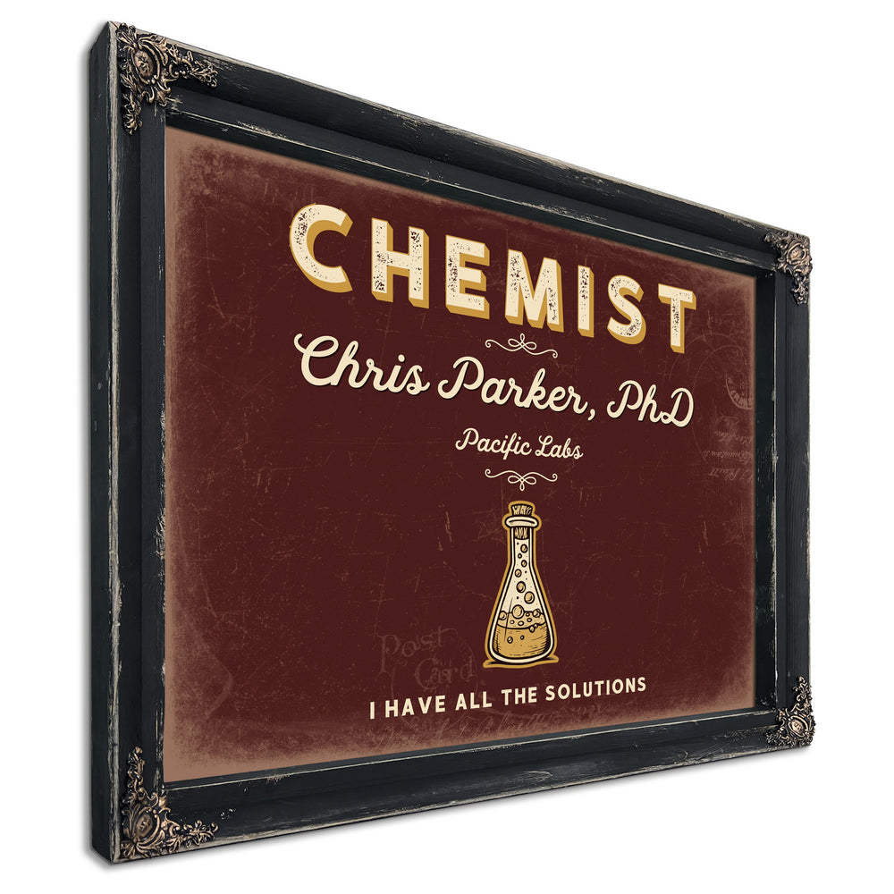 Personalized Chemist Sign, I Have All the Solutions, Oxblood & Gold, image 1