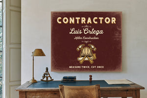 Personalized Contractor Sign, Measure Twice, Cut Once, Oxblood & Gold, image 2
