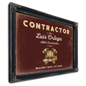 Personalized Contractor Sign, Measure Twice, Cut Once, Oxblood & Gold, image 1