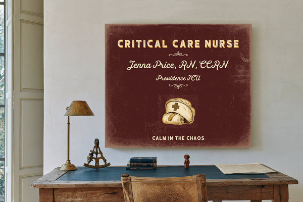 Personalized Critical Care Nurse Sign, Calm in the Chaos, Oxblood & Gold, image 2