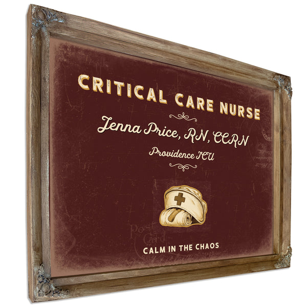 Personalized Critical Care Nurse Sign, Calm in the Chaos, Oxblood & Gold, image 6