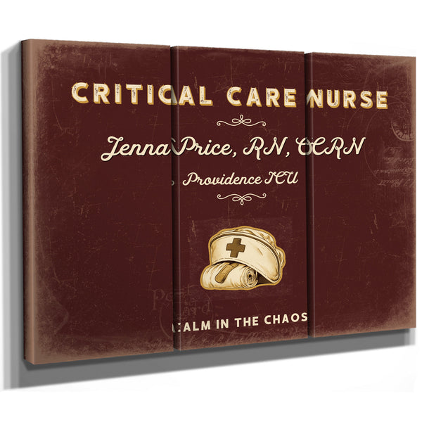 Personalized Critical Care Nurse Sign, Calm in the Chaos, Oxblood & Gold, image 14