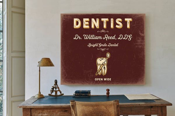 Personalized Dentist Sign, Open Wide, Oxblood & Gold, image 2