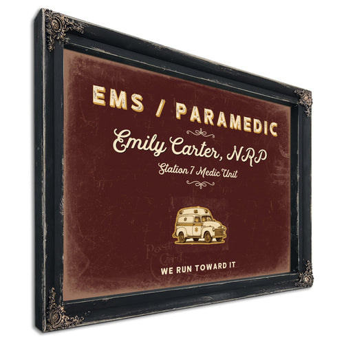 Personalized Paramedic Sign, We Run Toward It, Oxblood & Gold, image 1