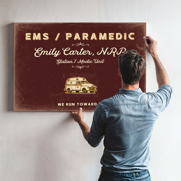 Personalized Paramedic Sign, We Run Toward It, Oxblood & Gold, image 9