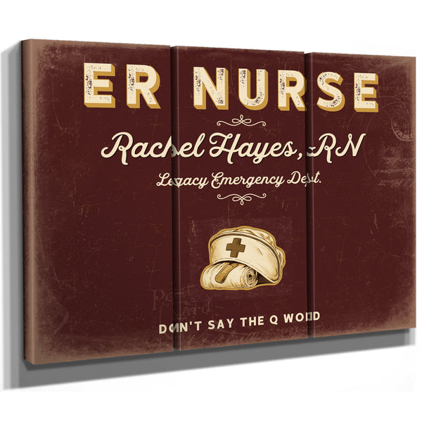 Personalized ER Nurse Sign, Don't Say the Q Word, Oxblood & Gold, image 14