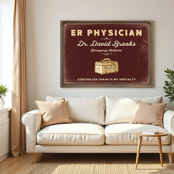 Personalized ER Physician Sign, Controlled Chaos Is My Specialty, Oxblood & Gold, image 5