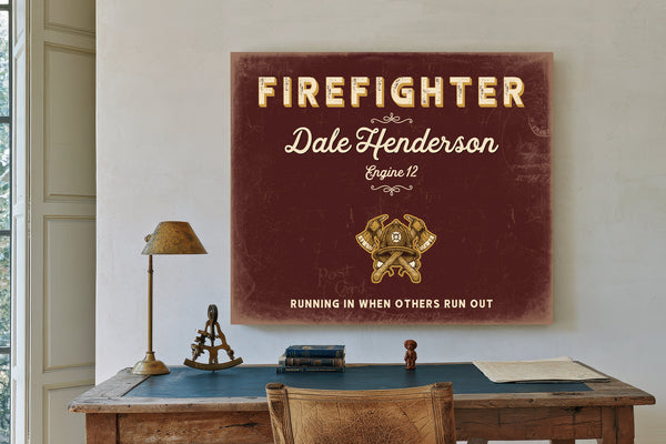 Personalized Firefighter Sign, Running In When Others Run Out, Oxblood & Gold, image 2