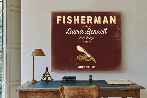 Personalized Fisherman Sign, Gone Fishin', Oxblood & Gold, image 2