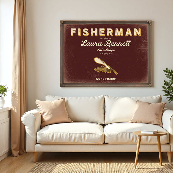Personalized Fisherman Sign, Gone Fishin', Oxblood & Gold, image 5