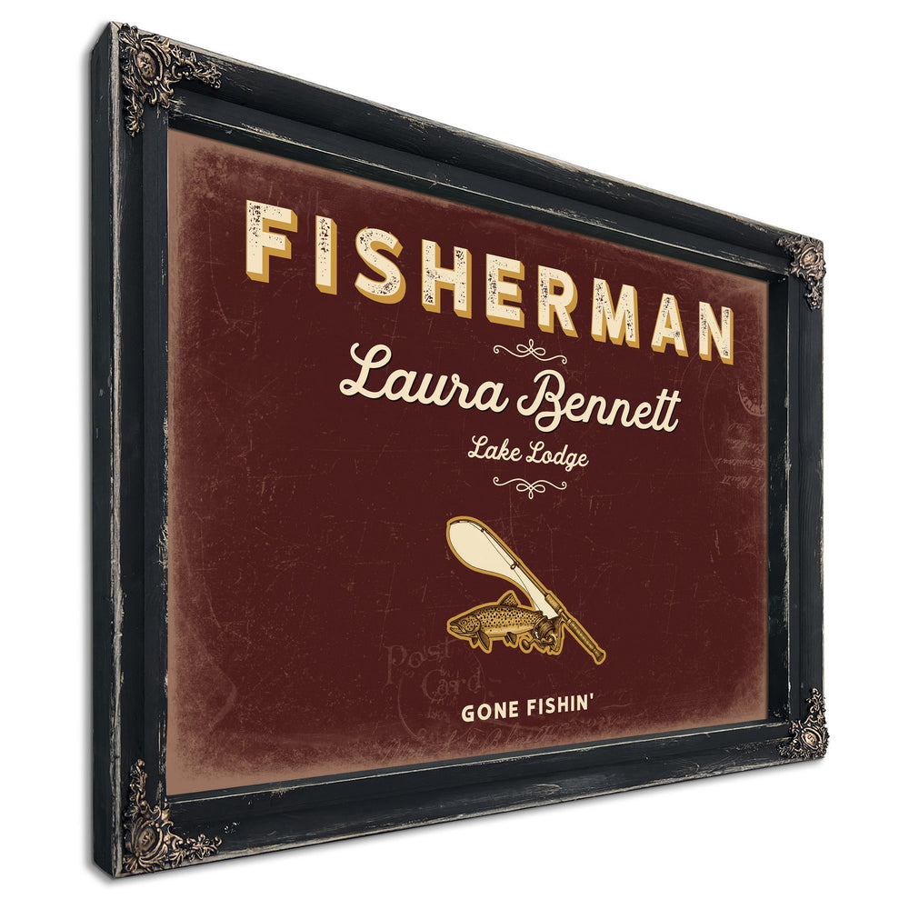 Personalized Fisherman Sign, Gone Fishin', Oxblood & Gold, image 1