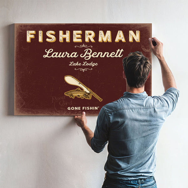 Personalized Fisherman Sign, Gone Fishin', Oxblood & Gold, image 9