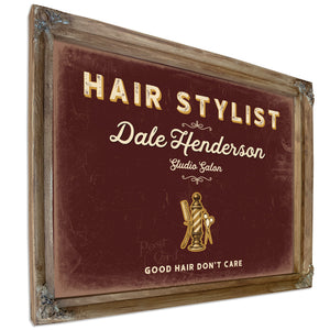 Personalized Hair Stylist Sign, Good Hair Don't Care, Oxblood & Gold, image 6