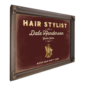 Personalized Hair Stylist Sign, Good Hair Don't Care, Oxblood & Gold, image 7