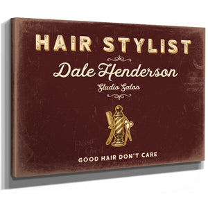 Personalized Hair Stylist Sign, Good Hair Don't Care, Oxblood & Gold, image 8