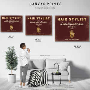 Personalized Hair Stylist Sign, Good Hair Don't Care, Oxblood & Gold, image 10