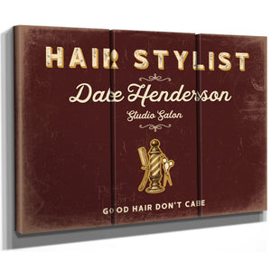 Personalized Hair Stylist Sign, Good Hair Don't Care, Oxblood & Gold, image 14