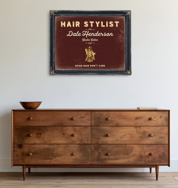 Personalized Hair Stylist Sign, Good Hair Don't Care, Oxblood & Gold, image 19