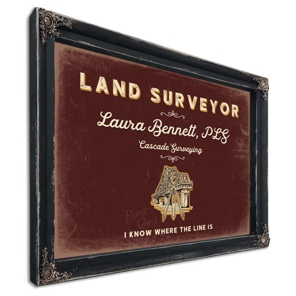 Personalized Land Surveyor Sign, I Know Where the Line Is, Oxblood & Gold, image 1