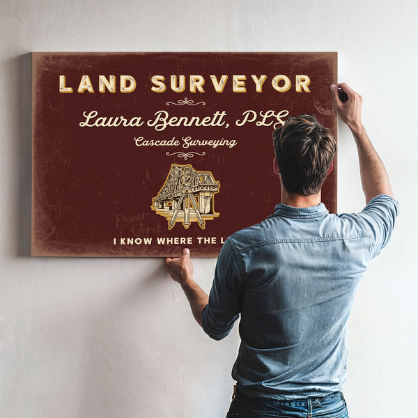 Personalized Land Surveyor Sign, I Know Where the Line Is, Oxblood & Gold, image 9
