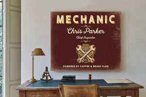 Personalized Mechanic Sign, Powered by Coffee & Brake Fluid, Oxblood & Gold, image 2