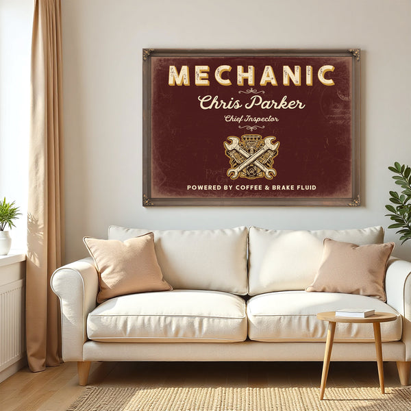 Personalized Mechanic Sign, Powered by Coffee & Brake Fluid, Oxblood & Gold, image 5